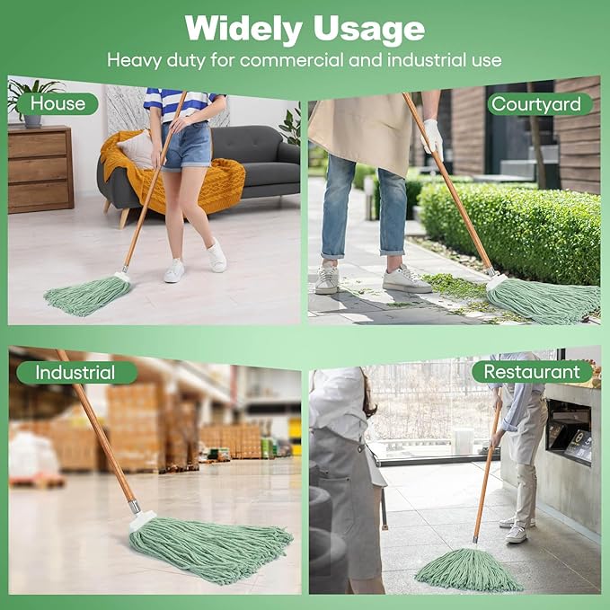 Matthew Cleaning Screw-on Heavy Duty Cotton Wet Mop Replacement Heads(Green, Large,12 Pack) with 2 Pack Microfiber Cloth for Residential & Commercial Floor Cleaning Use- Fit Standard American Screw