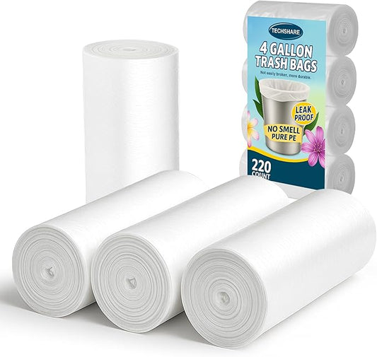 TECHSHARE 4 Gallon Small Trash Bags - 220 Count White HDPE Garbage Can Liners for Bathroom, Kitchen, Office - Strong Plastic Waste Basket Bags, Extra Value Bulk Pack for Everyday Use