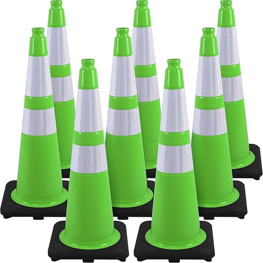 Fluorescent Green PVC Traffic Cones, Heavy Black Base Parking Lot Cone Structurally Stable Weatherproof Road Construction Safety Cones (8, Green, 28" Large)