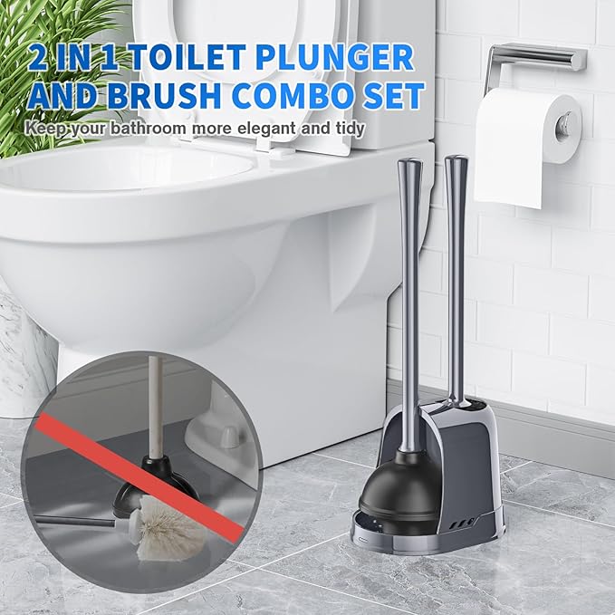 Toilet Plunger and Brush,2 Pack Bowl Brush and Heavy Duty Toilet Plunger Set with Ventilated Holder, 2-in-1 Toilet Brush and Plunger Combo for 5.3-inch Toilet DrainBathroom Cleaning