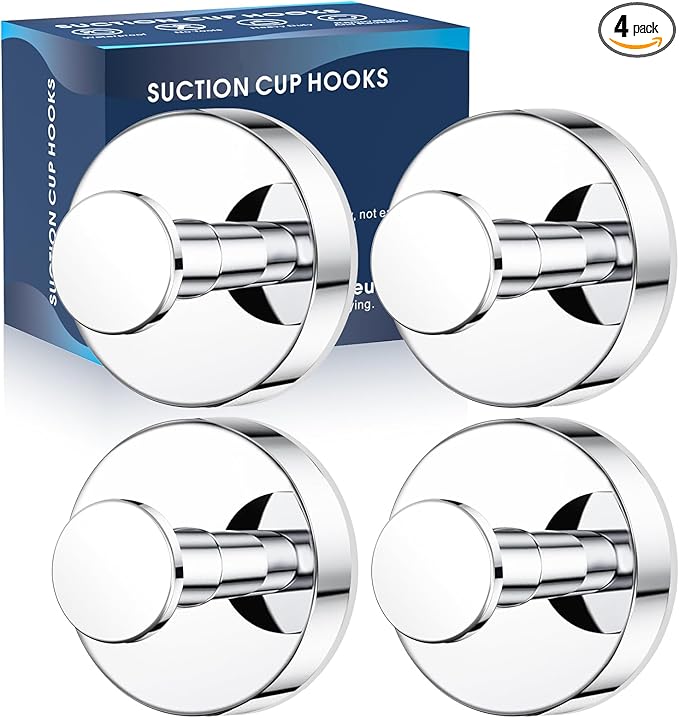 MOTAIPEAK Suction Cup Hooks for Shower,Removable Shower Towel Suction Hooks for Bathroom Wall,Kitchen,Glass,Mirror,Tile to Hang Robes,Loofah-Chrome(4-Pack)