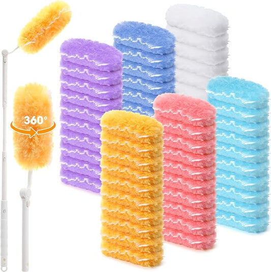 Reallnaive 60 Pcs Heavy Duty Duster Refills with One 3 ft Retractable Handle 360° Heavy Duty Dusting Kit Multi-Surface Duster Refills Disposable Microfiber Dusters Feather Kit