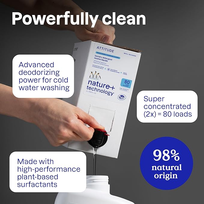 ATTITUDE Liquid Laundry Detergent Refill, EWG Verified, HE Compatible, Plant-Based & Vegan, Natural Laundry Soap, Summer Berries Scent, 80 Loads, 67.6 Fl Oz (Pack of 4)