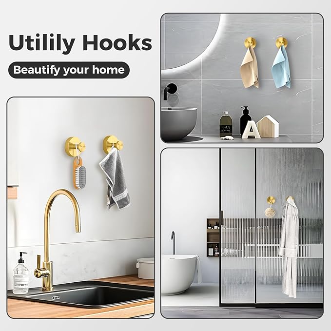 WingWider Shower Hooks for Inside Shower,Suction Cup Hooks for Glass Window,Removable Towel Hooks for Bathrooms,2 Packs(Gold)