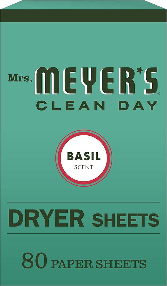 Mrs. Meyer's Clean Day Dryer Sheets, Softens Fabric, Reduces Static, Cruelty Free Formula, Basil Scent, 80 Count