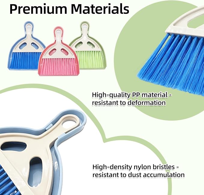 Sissatthai 6Pcs Small Dust Pan and Brush Set with Cleaning Cloth - Blue & Green & Pink Brooms, Mini Hand Broom and Dustpan Set Whisk Dustpan Brush Kid Broom for Table Desk Car Keyboard