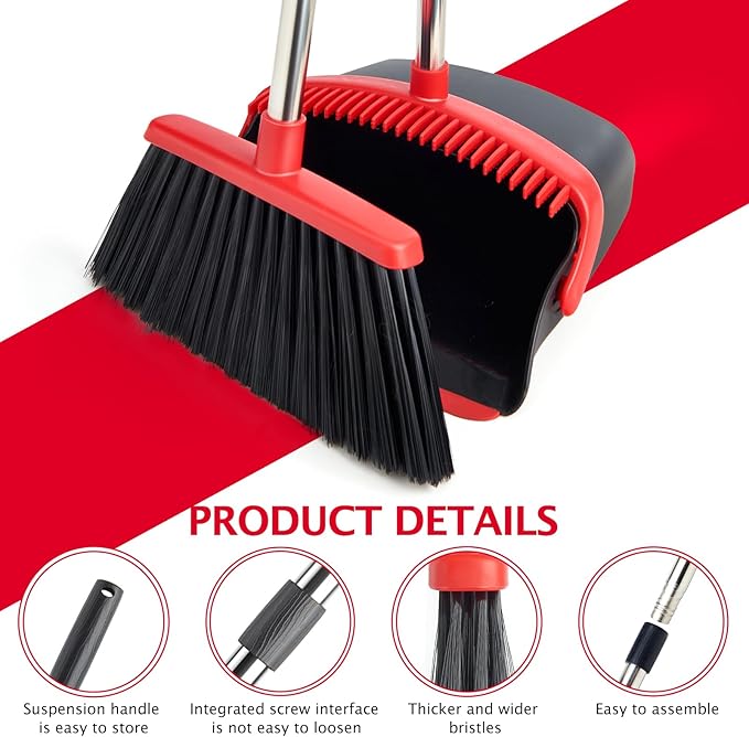 XXFLOWER Broom and Dustpan Set with Long Handle, Heavy Dust Broom and Dustpan Combo for Home，Kitchen, Office, Pet Hair (Black Red)