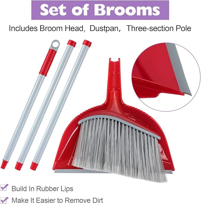 Meanplan 5 Pcs Angle Broom and Dustpan Combo Set for School Classroom 54'' Outdoor Indoor Cleaning Broom Commercial Broom with Step-on Dustpan for Home Kitchen Office Floor Dirt Dust Hair Cleaning