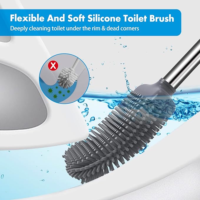 Toilet Brush, 2 Pack Silicone Toilet Brush and Holder, Flexible Toilet Bowl Brush Head with Ventilated Holder, Wall Mounted Compact Toilet Scrubber Set for Bathroom Cleaning (White)