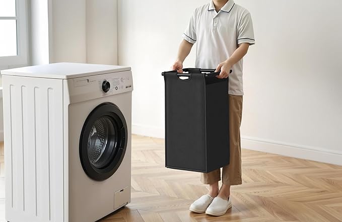 Laundry Hamper with Shelf, Laundry Basket 3 Section, Laundry Sorter with Pull-Out Removable Large Bags and Movable Wheels, Metal Frame, 3 x 15.87 Gallons (60L), Black and Gray PF04XLC