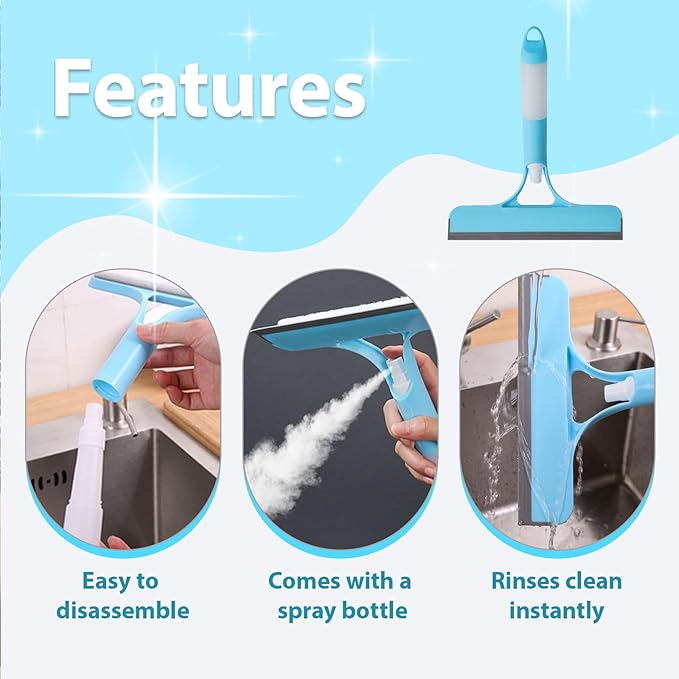 CUNBIYINA 3 in 1 Window Cleaning Scraper Shower Squeegee for Glass Doors Mirror with Sprayer Squiggy for Windshield Cleaner Tool Washing Spray Home Floor Scraper(Blue:Long Style)
