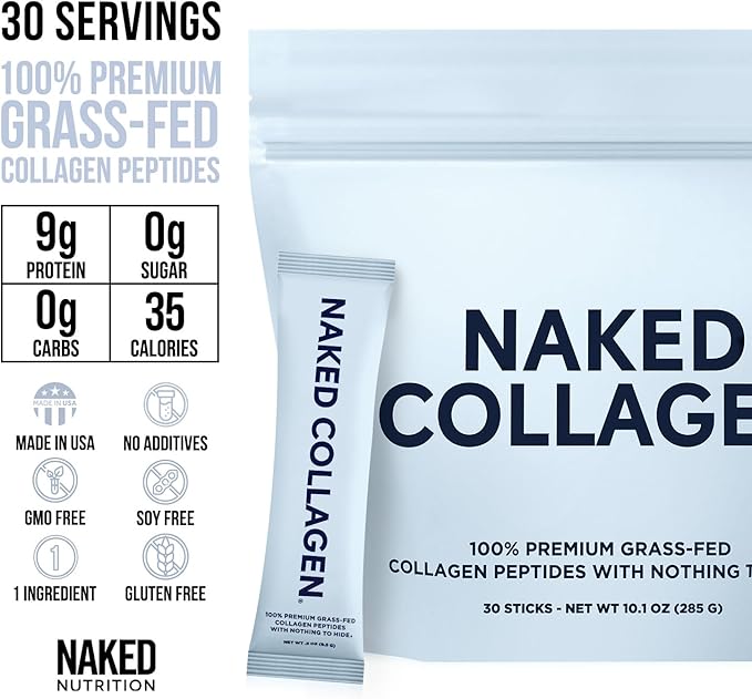 NAKED Collagen Stick Packs - Pasture-Raised, Unflavored Grass-Fed Hydrolyzed Collagen Travel Pack, Paleo Friendly, Non-GMO, Keto, Gluten Free, 30 Sachets