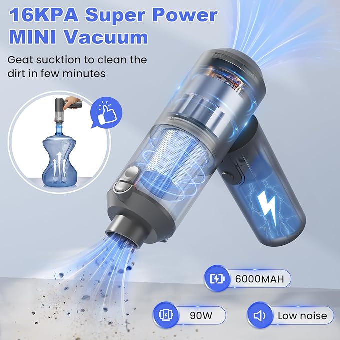 JYNSROU Car Vacuum Portable Cordless with 16000PA Ultra Suction 4-in-1 Foldable Air Duster & Brushless Motor Rechargeable Handheld Vacuum for Pet Hair, Car Seats, Home & Office Cleaning