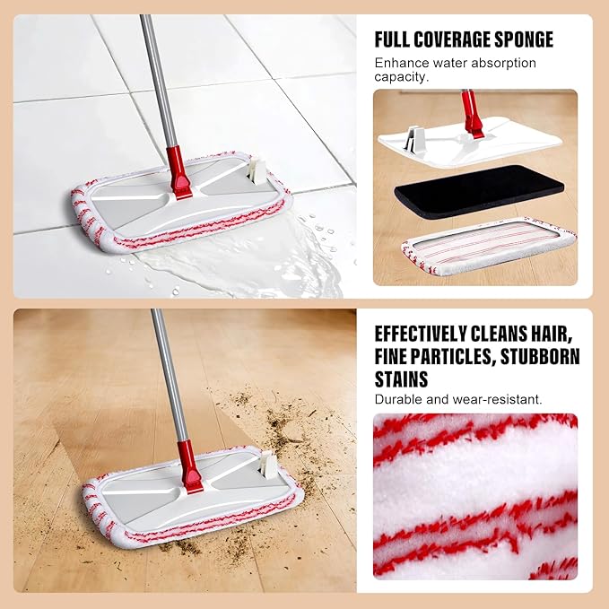 OZD 16" Microfiber Mop for Hardwood, Laminate, Tile Floor Cleaning, Flat Floor Mop with Adjustable Handle, 360° Swivel, Wet Dry Dust Mop for Pet Hair, Home & Commercial Use- Scraper & 5 Washable Pads