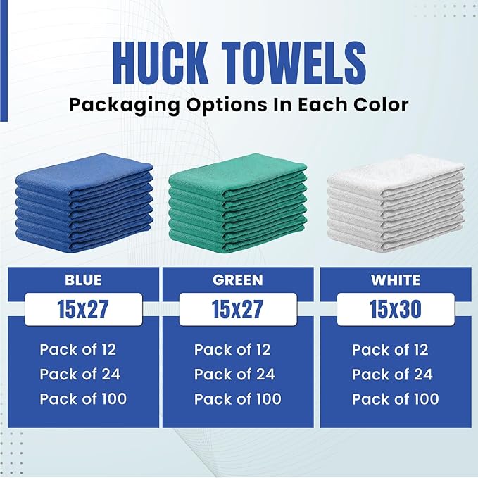 Premium Blue Huck Towels – (12 Pack) 15 x 27 inches 100% Cotton Bulk Towel for General Cleaning, Auto Shop, and Hospital Use, Super Absorbent, Machine Washable Cloth