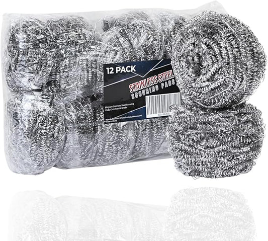 Brheez Stainless Steel Cleaner Scouring Pads [12 Pack] - Industrial & Commercial Strength Large Cleaning Supplies Dish Sponge - Individually Wrapped 50 Gram