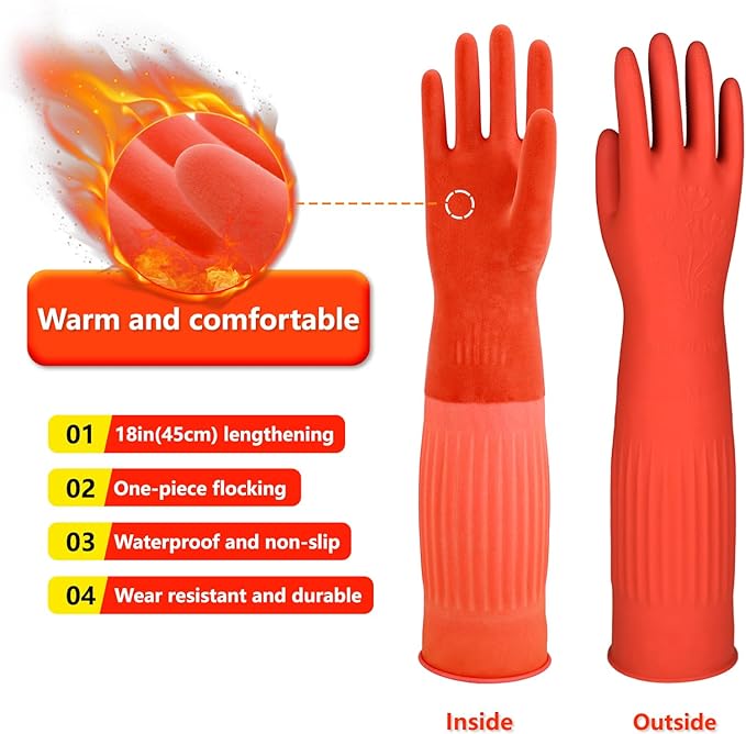 North Tower Rubber Gloves Kitchen Cleaning For Washing Dishing Kithchen, warmming Heat Resistant Dishwashing Gloves,18",2 Pairs Medium
