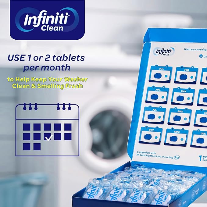 Infiniti Clean Washing Machine Cleaner Tablets 24 Pack - 16.9oz Washing Machine Cleaner Top Load, Septic Safe Washer Machine Cleaner Tablets, HE Washer Cleaner - 1 Year Supply