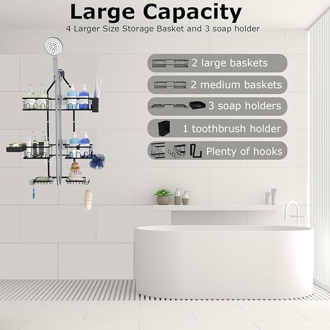 Dotpilgo Shower Caddy Hanging Upgraded Adjustable Rustproof Shower Caddy Shower Organizer for Over Handheld or Fixed Shower Heads with Hooks Soap Holder Toothbrush Holder