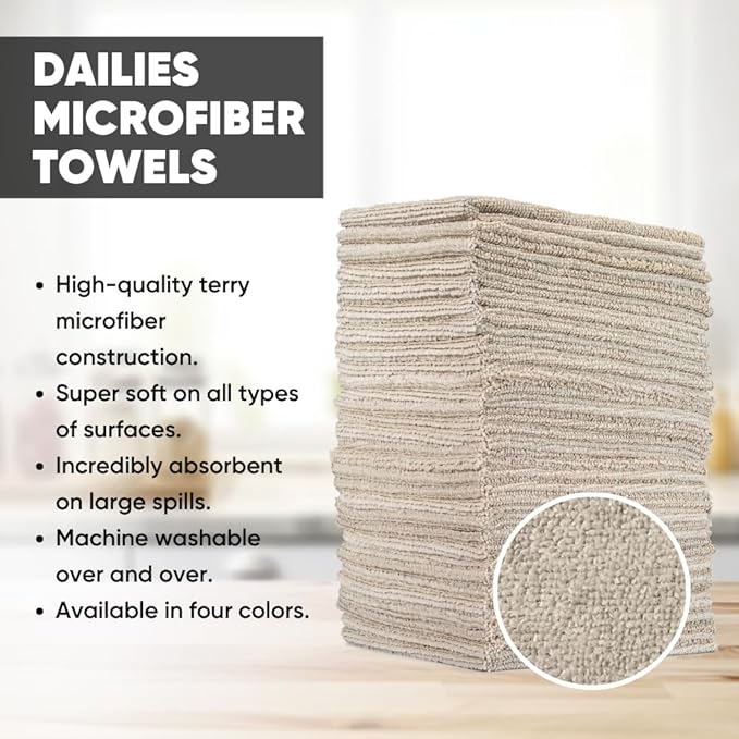 Microfiber Wholesale Dailies Microfiber Cleaning Cloths | 60-Pack (Beige) 12"x10" | Fits TowelNest Dispenser | Reusable, Absorbent, Washable | Eco-Friendly Paper Towel Alternative