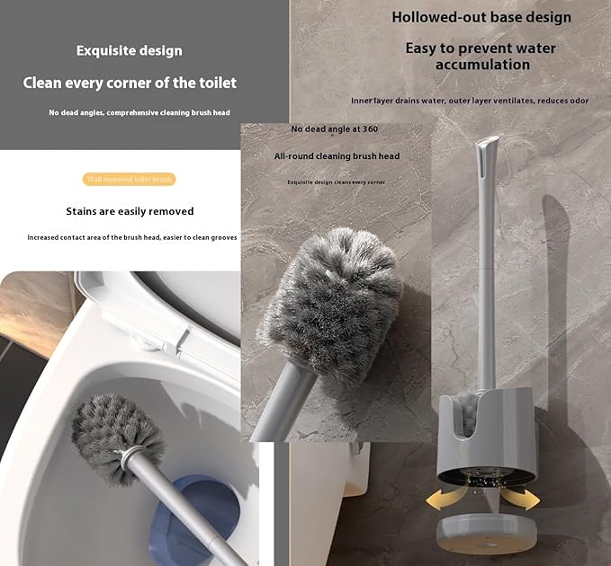 Wall Mounted Toilet Brush Set with No-Drill Adhesive & Drip-Free Tray Space-Saving Toilet Cleaning Brush Holder Deep CleansNoMessStorageSlides Under Sinks (Gray)
