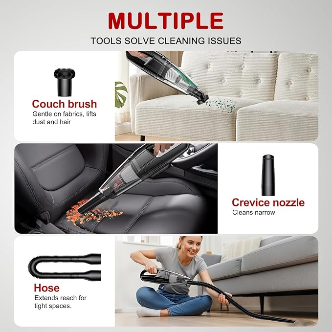 BSRCO Handheld Vacuum Cordless, 30 Mins Runtime & Under 70dB Quiet, 8000Pa Strong Suction, 1.65Lbs Ultra Light, 3-in-1 with HEPA Filter, USB-C for Car, Pet Hair, Home