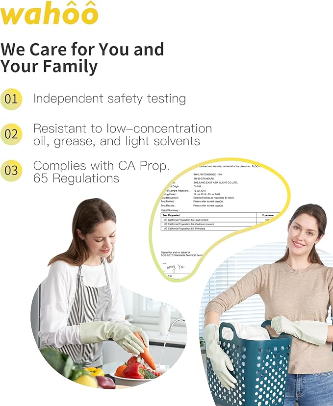 wahoo Skin-Friendly Cleaning Gloves, Reusable Dishwashing Gloves with Flocked Cotton Liner, Dishwashing, Kitchen, Canary Green, Large