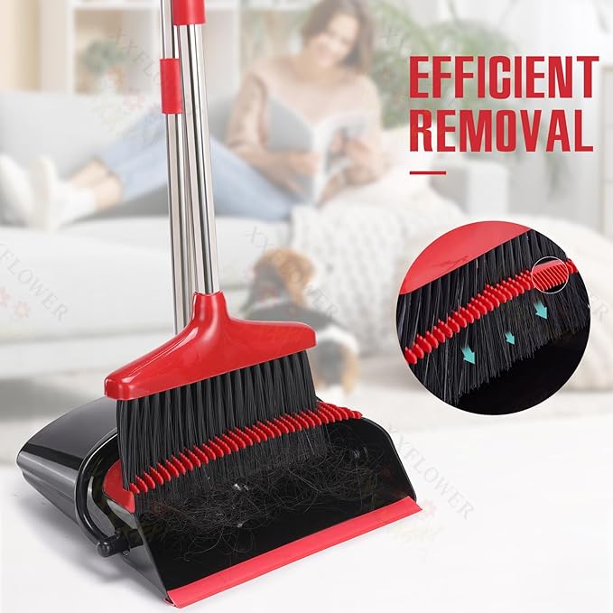 XXFLOWER Broom and Dustpan Set with Long Handle, Light Weight Stainless Steel Poles Stand Upright Dustpans with Broom Combo for Home Kitchen Office Pet Dog Hair, Black & Red Color, 1-Pack