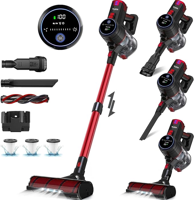 VYKLO V8 Cordless Vacuum Cleaner, Powerful Suction Stick Vacuum, 55Mins Runtime, Wireless Lightweight Handheld Vacuum Cleaner for Home, Hardwood Floor, Carpet, Car, Pet Hair Cleaning (Red)