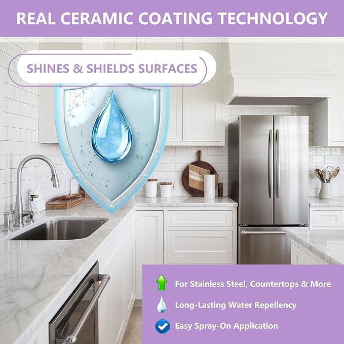 Ceramic Coating Spray for Kitchen Appliances & Stainless Steel – Fingerprint Resistant Cleaner & Sealer for Sinks, Fridges, Stoves – Easy Cleaning & Long-Lasting Multi-Surface Shine 8.66oz