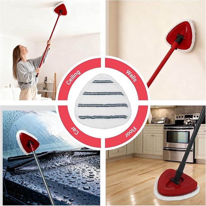 Triangule Flat Mop Replacement Pads, Spin Mop Pad Replacement, 6 Pack Mop Refill Pads, 1 Mop Base and 1 Scraper for Cleaning Floor, Wall, Ceiling, Easy to Replace