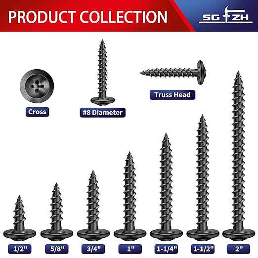 #8 x 1/2" Wood Screw 100Pcs Alloy Steel Standard Thread Truss Head Fast Self Tapping Black Oxide by SG TZH