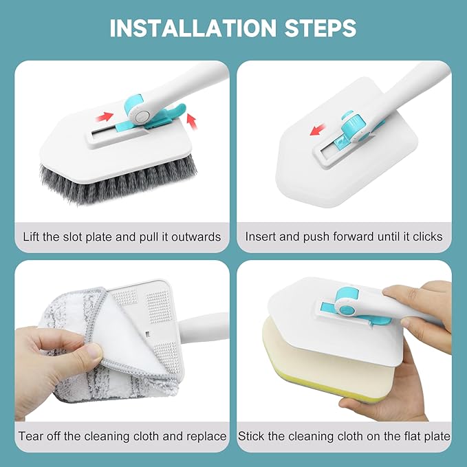 nacena Shower Scrubber with Long Handle, 3 in 1 Tile Tub Scrubber Brush with 3 Detachable Cleaning Heads Adjustable Handle Shower Cleaner Brush for Bathroom, Kitchen, Toilet, Wall, Sink, Blue White