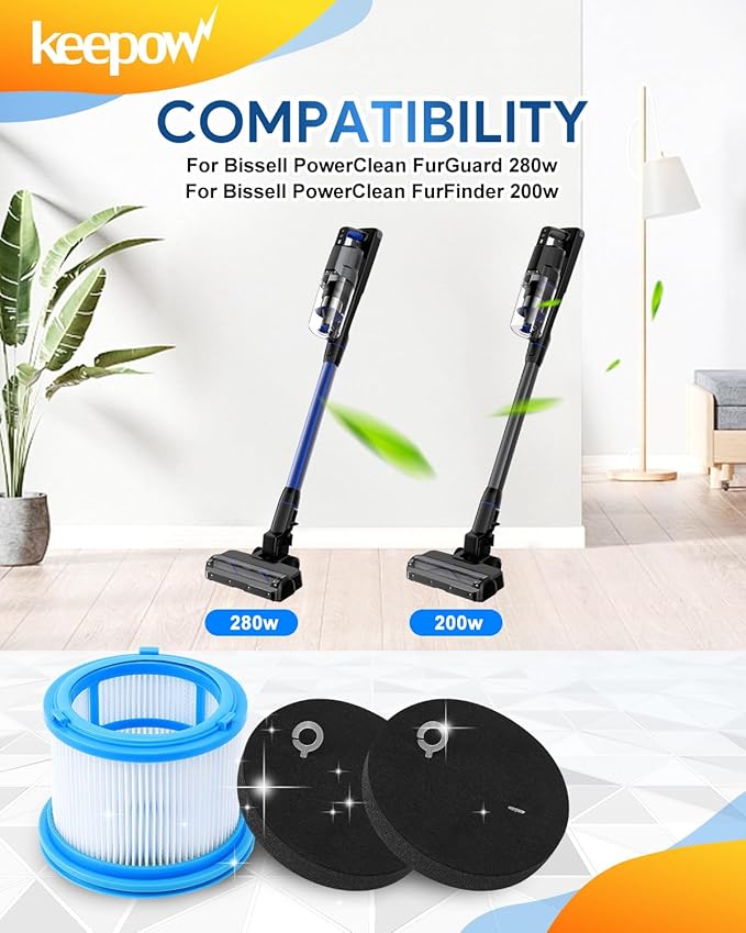 KEEPOW Vacuum Filters Kit Replacement for Bissell 4052 4039 4137 PowerClean FurGuard 280W and FurFinder 200W Self-Standing Cordless Vacuum, 2 Filters and 2 Pre-Filter Pads and 1 brush