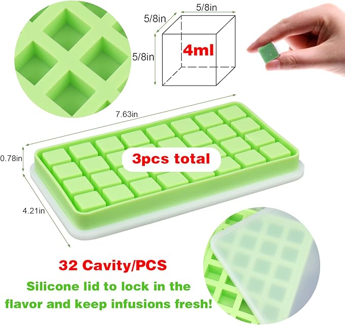 AIERSA Silicone Molds for Herb-Infused Oil Cubes, 3Pcs 32 Cavity Mini Candy Gummy Tray, 5/8x5/8x5/8in Square Chocolate Molds with Lids & 2 Droppers DIY Homemade Herbal Blocks, Jello, Pralines Caramels