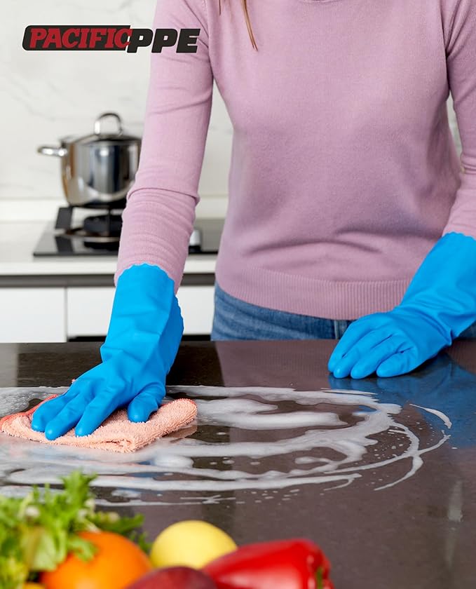 PACIFIC PPE 2 Pairs Reusable Dishwashing Cleaning Gloves, Household, Kitchen, Cotton Liner, Blue, Small