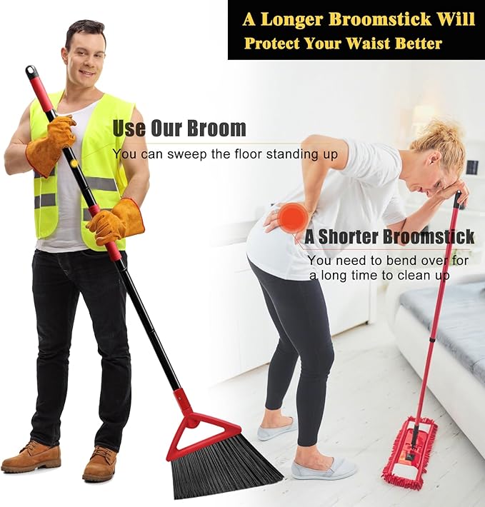 PUTNATRUE Heavy Duty Broom Outdoor and Indoor, 2 Pack Upgraded Commercial Angle Brooms, Perfect Red Broom of House, Kitchen, Garage, Courtyard