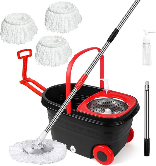Spin Mop and Bucket with Wringer Set, Stainless Steel 360 Spinning Mop Bucket with 2X Round Wheels for Home Cleaning System with Dual Mop Heads Self Wringing Red Big Bucket 25QT (Black & Red)