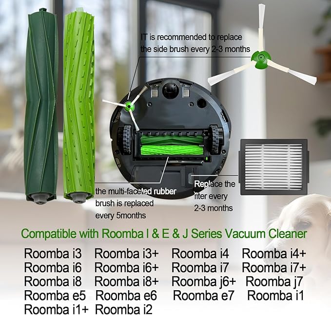 Anbowe Replacement Parts for Roomba iRobot i7 i7+ i3 i3+ i4 i4+ i5 i5+ i6 i6+ i8 i8+ i5+/j7 j6 j5 and Plus Version,(2 Set Rubber Brush,8 Side Brush)