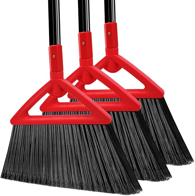 PUTNATRUE Heavy Duty Angle Broom, 3 Pack Longer Commercial Brooms, Swipe Brooms for Sweeping Indoor Outdoor, Perfect Red Broom of Kitchen, Garage, House, Restaurant