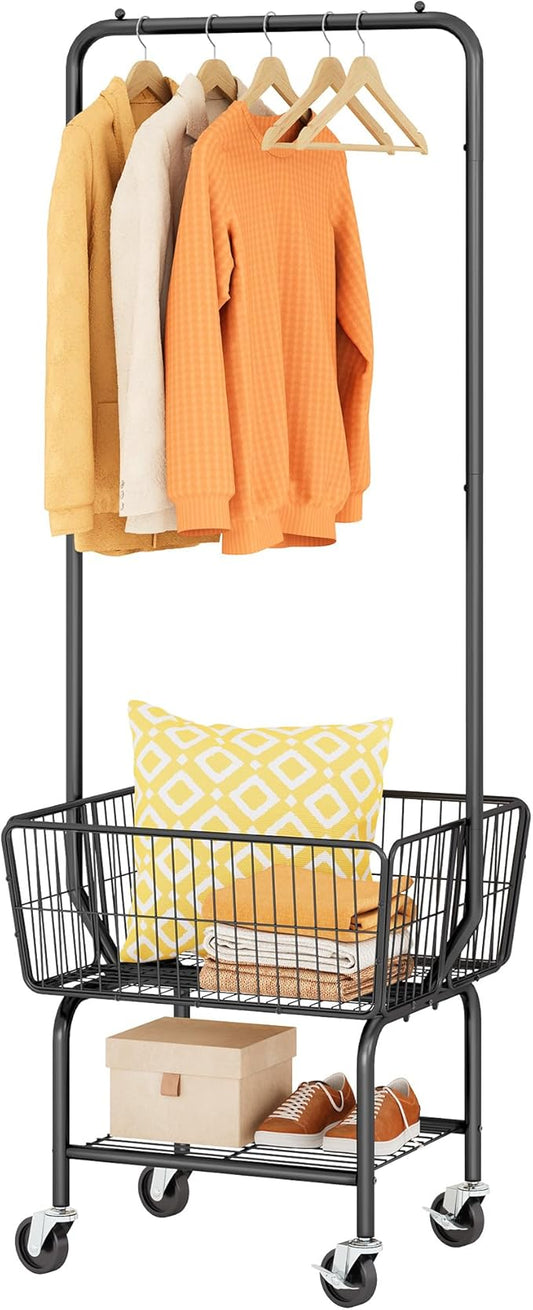 Tajsoon Laundry Cart with Hanging Rack, Metal Laundry Basket with Wheels, Laundry Hamper with Storage Basket and Shelf, Rolling Laundry Cart with Wheels, Black