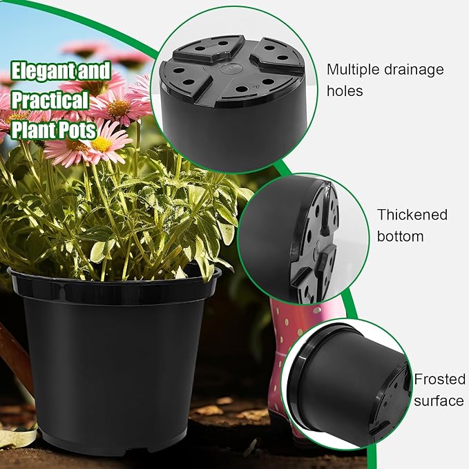 5 Gallon Nursery Pots 10-Pack, 12 Inch Plastic Planter with Drainage Holes – Round, Sturdy, Deep Design for Indoor/Outdoor Plants