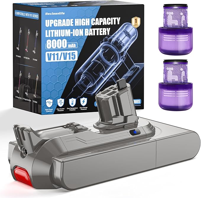 8000mAh V11 Battery Replacement Compatible with Dyson V15 Button Click in Installation Style Battery V11 Extra/Absolute/Animal/Outsize/V15/SV15/SV16 970425-01 Vacuum Cleaner (Not for Screw-in Models)
