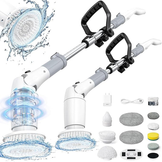 StarVal Electric Spin Scrubber, Cordless Cleaning Brush Shower Scrubber Up to 550 RPM with 9 Replaceable Brush Heads, Bathroom Scrubber Adjustable Extension Handle for Cleaning Bathroom Kitchen(Grey)