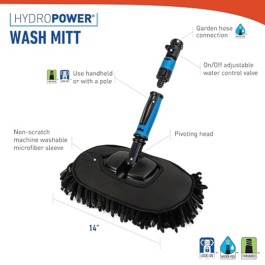 Unger 12.5” Hydropower Wash Mitt with Adjustable On/Off Water Control Valve for Car and Auto Cleaning, Absorbent Non-Scratch Microfiber Sleeve, Machine Washable, Compatible with Hose or Pole