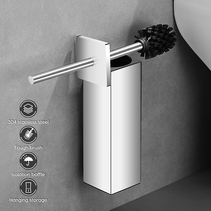 JOVYXIE Bright Silver Stainless Steel Square Toilet Brush with Metal Lid Dual-Use Toilet Brush Holder with Drilled + Drill-Free Hook Base Includes Removable Inner Bucket (Bright Silver)