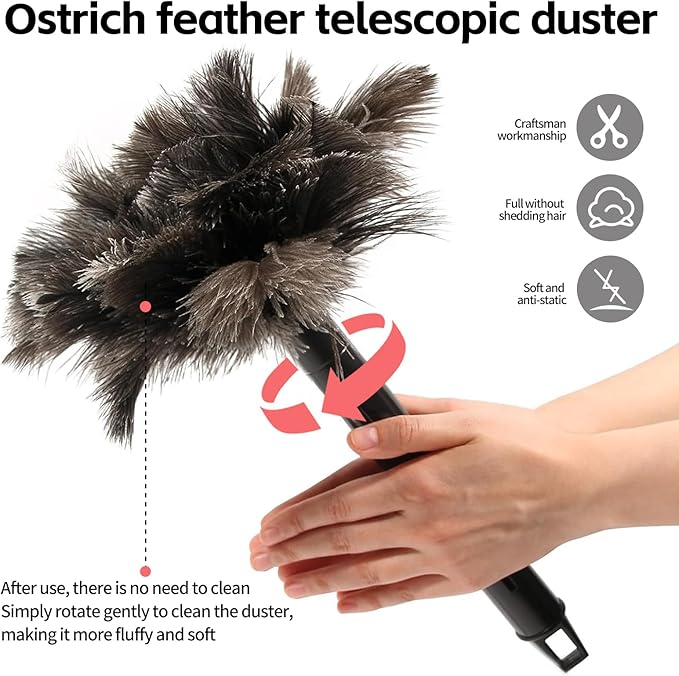 FeelfunFeather Retractable Feather Duster-Genuine Ostrich Feathers,Anti-Static,Reusable Eco-Friendly Handheld Cleaning for Keyboard,Home,Car,Office (10 to 15 Inches) 2 Pack