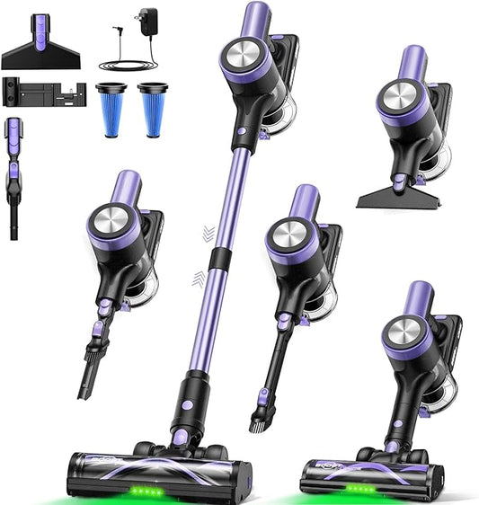 Cordless Vacuum Cleaner, 46KPa/500W Stick Vacuum with 55 Mins Runtime, Self-Standing Vacuum Cleaner for Home, LED Display, Anti-Tangle Brush, Rechargeable Vacuum for Hardwood Floor, Pet Hai (Purple)