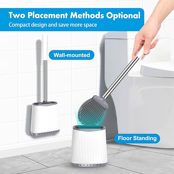 Toilet Brush, 2 Pack Silicone Toilet Brush and Holder, Flexible Toilet Bowl Brush Head with Ventilated Holder, Wall Mounted Compact Toilet Scrubber Set for Bathroom Cleaning (White)