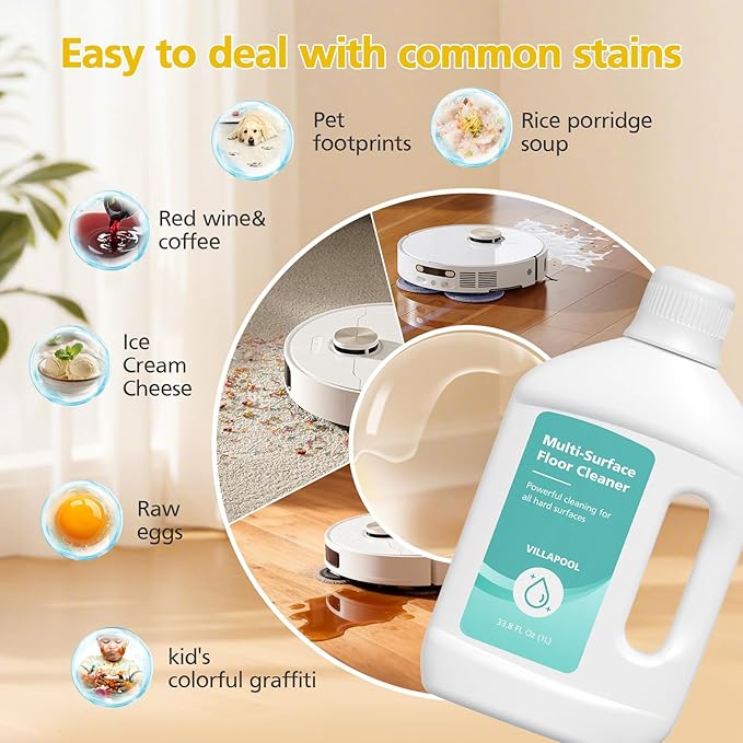 VILLAPOOL Floor Cleaning Solution Compatible with Dreame All Robot Vacuums & Wet Dry Vacuums, Residue-Free Multi-Surface Cleaner, 33.81 Fl Oz Original Scent